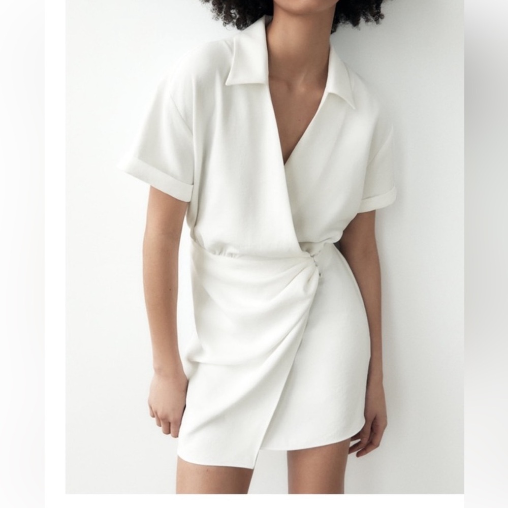 Zara Cream Wrap-Style Short Sleeve Mini Dress NWOT